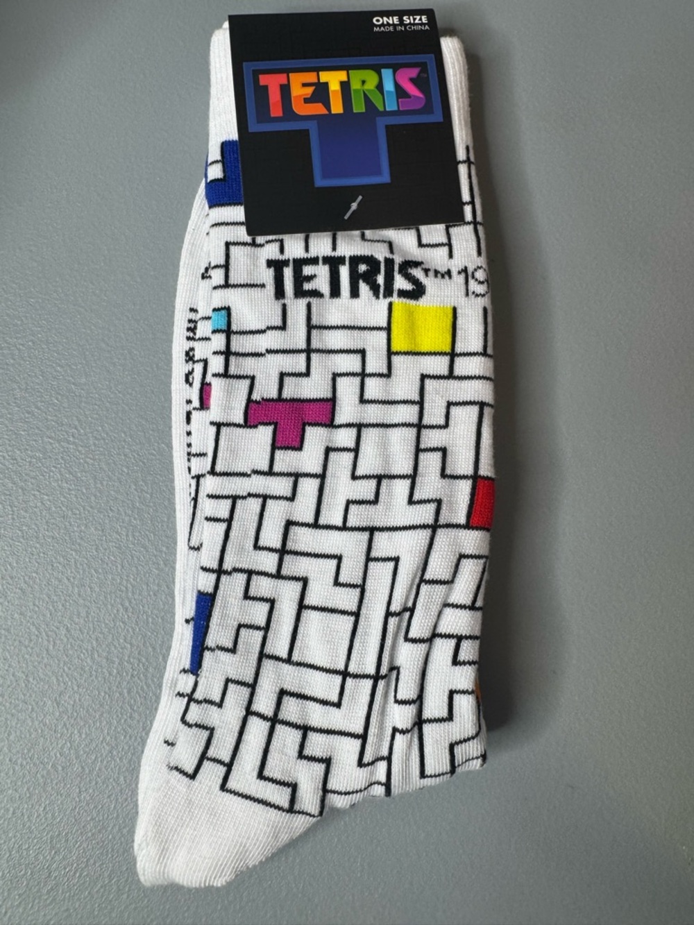 Tetris White Graphic Crew Socks Game Design gaming arcade novelty unisex vintage